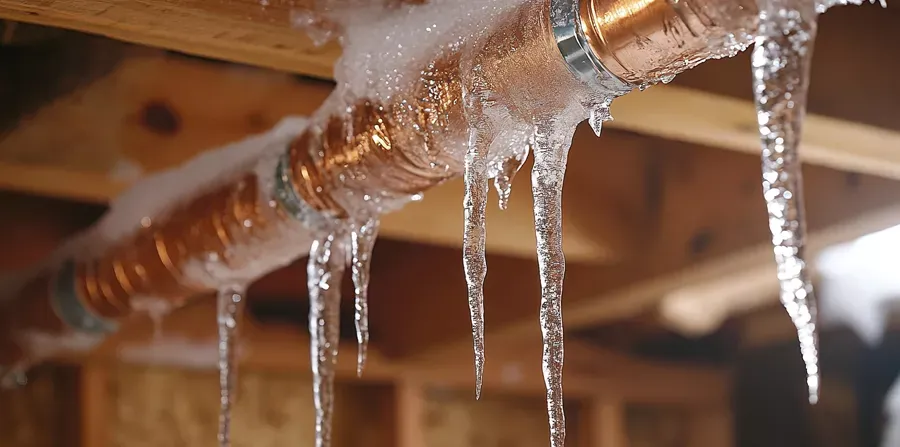 Icicles hanging from a frozen copper pipe