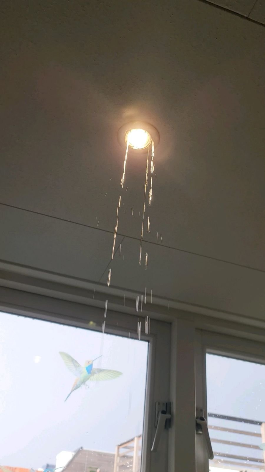 Water leaking through a ceiling light fitting